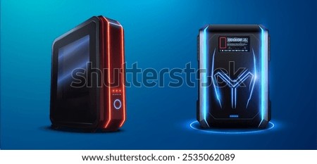 Pair of futuristic 3D computer towers with sleek designs. One tower features red neon lights and a bold, minimalistic front panel, while other showcases intricate blue neon lines. Vector illustration