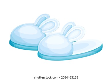 Pair of fuzzy rabbit slippers, soft comfortable textile footwear for home, flip flops shoes cartoon vector illustration