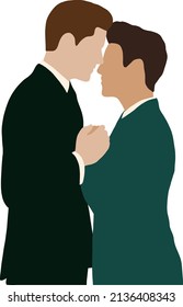 A pair of gay men in formal suits stand facing each other and hold hands