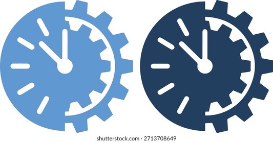 Un par de iconos de reloj de engranajes en colores azul claro y azul oscuro con agujas de reloj blancas y marcas sobre un fondo blanco puro