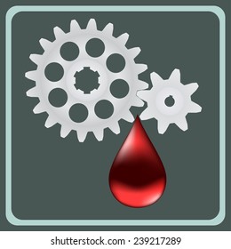 The pair of gears and a drop of oil. Vector illustration.
