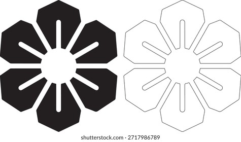 A pair of geometric flower shapes, one in solid black and the other in outline form, presented on a clean white background to highlight their unique designs and details.