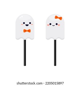 Pair of ghost-shaped candies on sticks with bows. Flat cartoon vector illustration isolated on white background. Halloween trick or treat sweets for web, app, print, greeting card and other design 