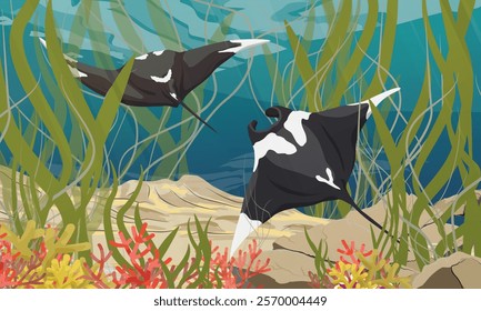 A pair of giant oceanic manta ray swims near a tropical coral reef with algae. Manta rays Mobula birostris. Realistic vector seascape