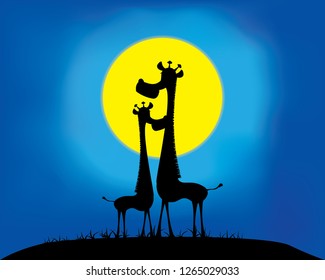 A pair of giraffe under the moon in the night