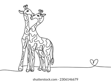 A pair of giraffes stands huddled together. World Giraffe Day. One line drawing for different uses. Vector illustration.