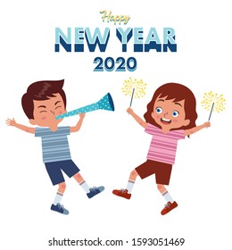 a pair of girl and boy celebrate the new year 2020 together by blowing trumpets and holding fireworks