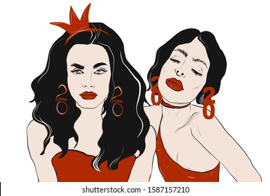 a pair of girlfriends in elegant New Year's festive dresses with earrings in the form of 2020