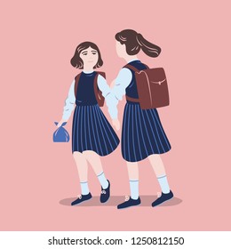 Dos niñas vestidas con uniforme escolar caminando juntas. Estudiantes, alumnas o compañeros de clase con ropa formal que hablan entre sí. Ilustración vectorial colorida al estilo de las caricaturas planas.