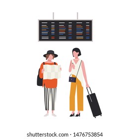 Pair of girls with map and suitcase waiting at airport terminal. Young female tourists with luggage. Travellers with baggage are going on summer vacation or trip. Flat cartoon vector illustration.