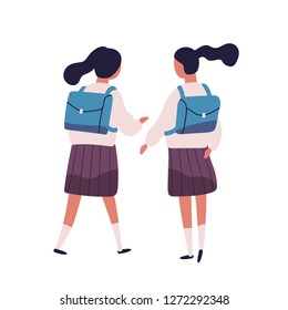 Pair of girls or twin sisters dressed in school uniform. Female students, pupils, classmates, classfellows or friends walking together and talking or chatting, back view. Flat vector illustration.