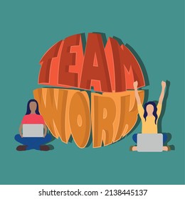 Pair of girls working together via internet Teamwork concept Vector