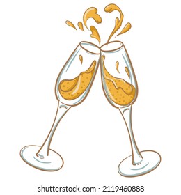 a pair of glasses with champagne in cartoon style on a white background. vector illustration
