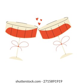 A pair of glasses clinking together. A toast with a glass of red wine decorated with bows. Vintage tumbler glasses with a drink. Vector illustration.