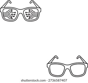 Eine Brille mit komplizierten Labyrinthmustern auf den Linsen neben einem Paar einfacher Gläser einzeln auf weißem Hintergrund, Abbildung