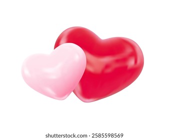 Pair of glossy 3d red and pink hearts representing love, romance. Vector Illustration for Valentines Day, wedding, romantic event