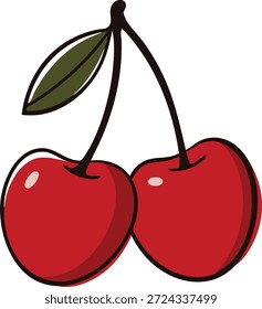 A pair of glossy red cherries attached by dark stems with a single leaf.