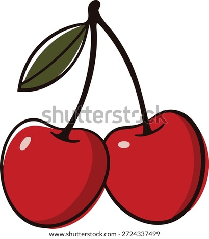 A pair of glossy red cherries attached by dark stems with a single leaf.