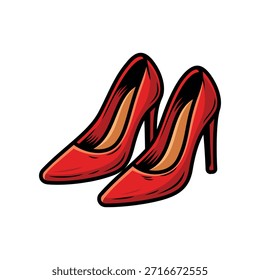 Un par de zapatos de tacón alto rojo brillante con punteras puntiagudas y curvas elegantes. El diseño atrevido y el color vibrante los hacen perfectos para gráficos con temas de moda, imágenes comerciales o paquetes de pegatinas con estilo.