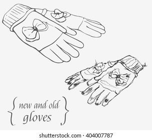 A pair of gloves with bow, painted in the style of the line sketch/Old and New Gloves