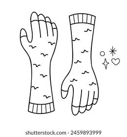Ein Paar Handschuhe. Doodle Outline Vektorgrafik Schwarz-Weiß-Illustration.  
