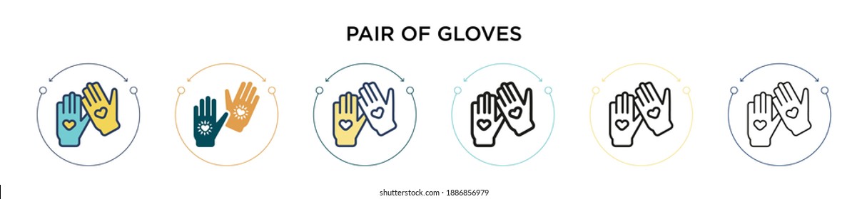 Pair of gloves icon in filled, thin line, outline and stroke style. Vector illustration of two colored and black pair of gloves vector icons designs can be used for mobile, ui, web