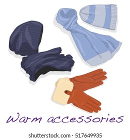 Pair of gloves, scarf and cap for woman, womanly accessories, warm clothing for winter