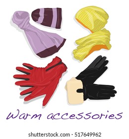 Pair of gloves, scarf and cap for woman, womanly accessories, warm clothing for winter