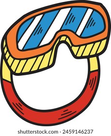 A pair of goggles with a black frame. The goggles are drawn in a cartoon style. The goggles are meant to be worn for swimming or diving