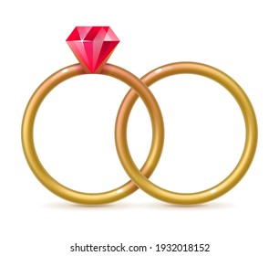 Un par de anillos de compromiso de oro. Propuesta de matrimonio, boda, símbolo del Día de San Valentín, objetos de joyería de novias y novios ilustraciones vectoriales realistas sobre fondo blanco