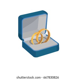 Pair of gold wedding rings with Love Forever engravings in open blue box isolated vector illustration on white background.