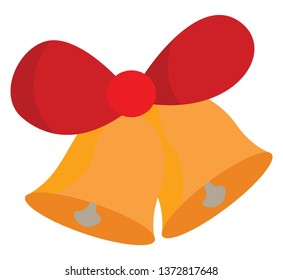 A pair of golden Christmas bells tied together with a red ribbon vector color drawing or illustration 