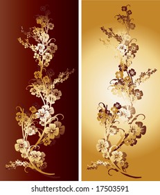 Pair of golden and dark red flowers with intricate ornaments and arabesques