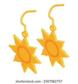 Pair of golden earrings showing sun isometric icon, summer jewellery