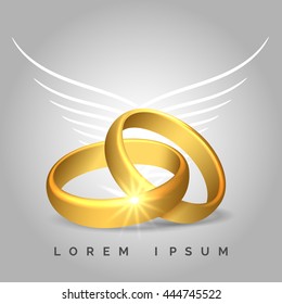 Pair of golden rings with angel wings for wedding cards. Vector illustration