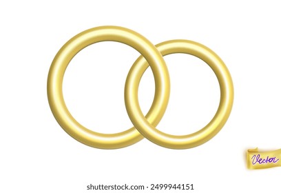 Par de anillos de oro aislados sobre fondo blanco. Anillos o bandas brillantes entrelazadas realistas de oro. Matrimonio, amor eterno, familia, Vector símbolo 3d