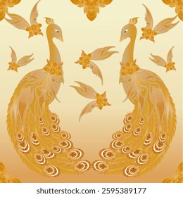 Pair of golden Thai pattern peacocks