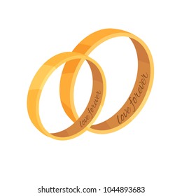 Pair of golden wedding rings with love forever memorial inscriptions icon. Man and woman bridal rings from precious metal isolated illustration