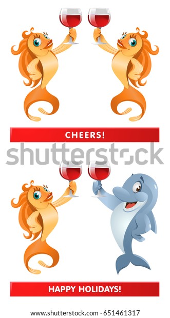 A pair of goldfish and a dolphin giving a toast.\
Cheers! Happy Holidays! Cartoon styled vector illustration.\
Elements is grouped and divided into layers. No transparent\
objects. Isolated on white.