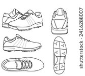 A pair of golf shoes, sports footwear. Vector sketch illustration, top, front, back, side, and bottom view. Isolated on a white background.