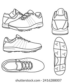 A pair of golf shoes, sports footwear. Vector sketch illustration, top, front, back, side, and bottom view. Isolated on a white background.