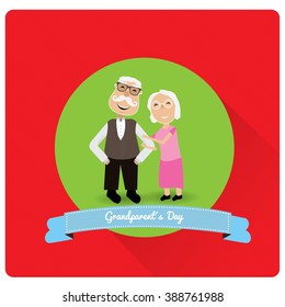 Pair of grandparents on a colored background with a ribbon with text for grandparent's day