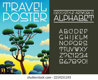 A pair of graphic resources for creating in the style of Art Deco era Travel Posters, including an illustration with heavily stylized trees and sky, and a vector alphabet in a retro style.