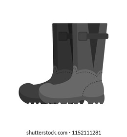 Pair of gray rubber boots. Safety shoes. Protective footwear used at construction, farming or other industry. Flat vector icon