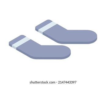 Pair of gray socks white stripe isometric vector illustration. 3d icon classic foot wear stylish fashionable feet apparel isolated. Legs cotton clothing textile wardrobe. Fabric sports casual clothes