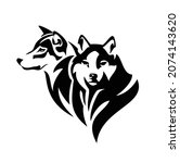 pair of gray wolves front view and profile portrait - wild animal heads black and white vector outline