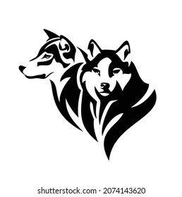 pair of gray wolves front view and profile portrait - wild animal heads black and white vector outline