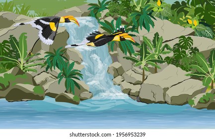 A pair of Great hornbill Buceros bicornis fly over a tropical waterfall that flows into a lake. Tropical bird great Indian hornbill. Jungle with lianas, palms and tropical plants. Realistic vector