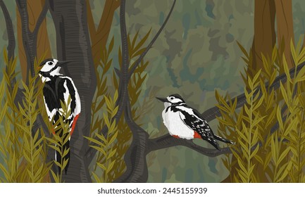 A pair of great spotted woodpecker sits on a tree branch in a summer forest. Wild bird of Palearctic and North America. Realistic vector landscape