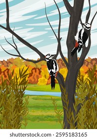 A pair of great spotted woodpecker sits on a tree branch in the autumn meadow. Realistic vector landscape